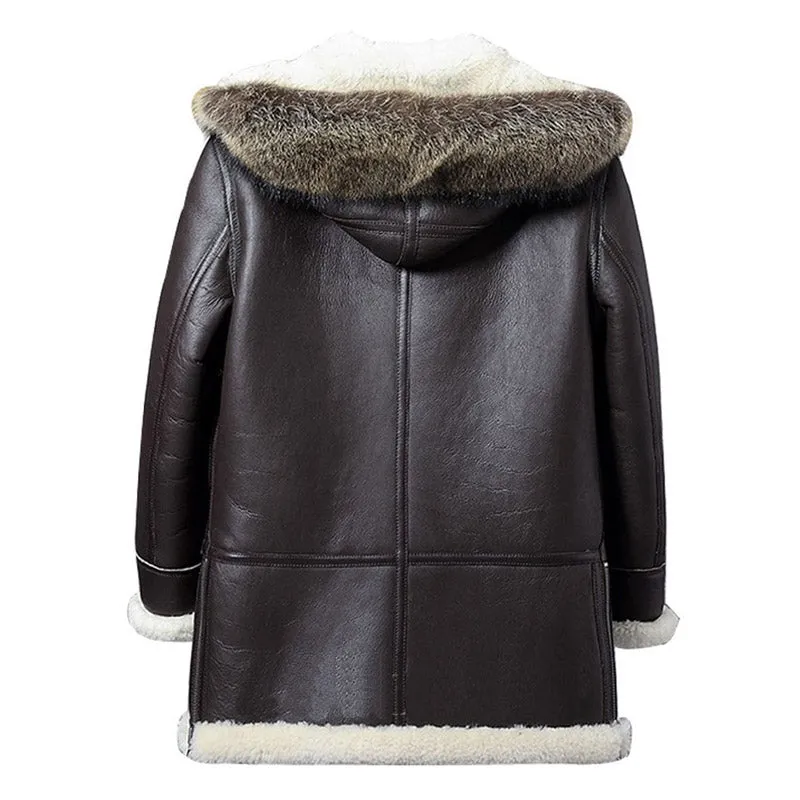 Men's Sheepskin Shearling Parka Winter Coat with Hood