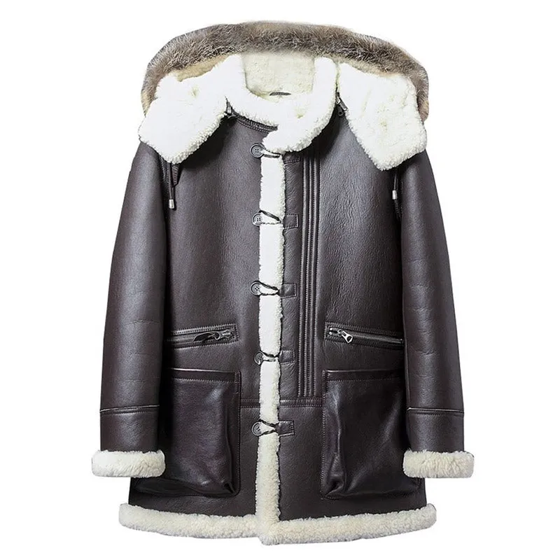 Men's Sheepskin Shearling Parka Winter Coat with Hood