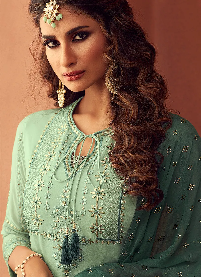 Mint Green Embroidered Designer Palazzo Suit