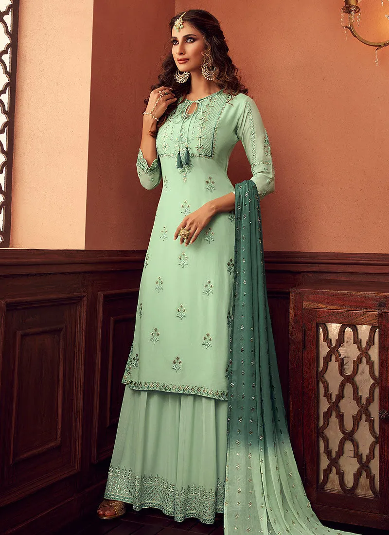 Mint Green Embroidered Designer Palazzo Suit