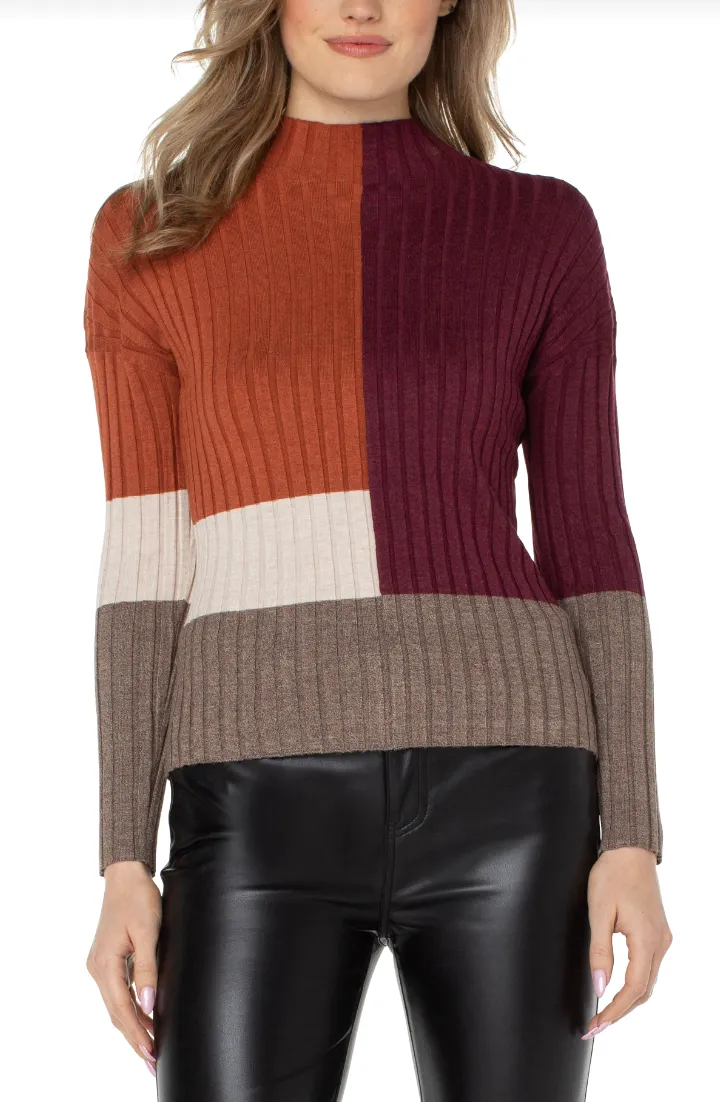 Mock Neck Pullover Sweater W/Colorblock