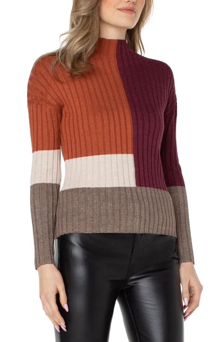 Mock Neck Pullover Sweater W/Colorblock