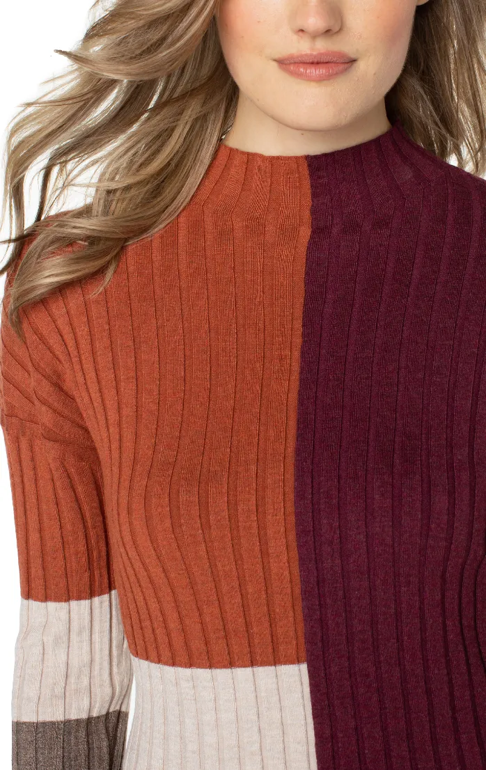 Mock Neck Pullover Sweater W/Colorblock