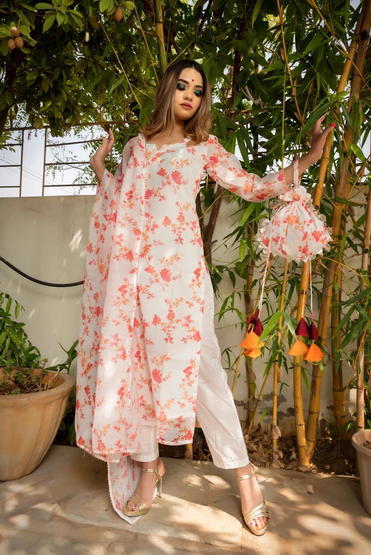 Modal Cotton White & Pink Kurta Palazzo Set with Dupatta