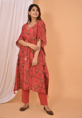 Modal Silk Red Mirror Work & Printed Kaftan Pant Set