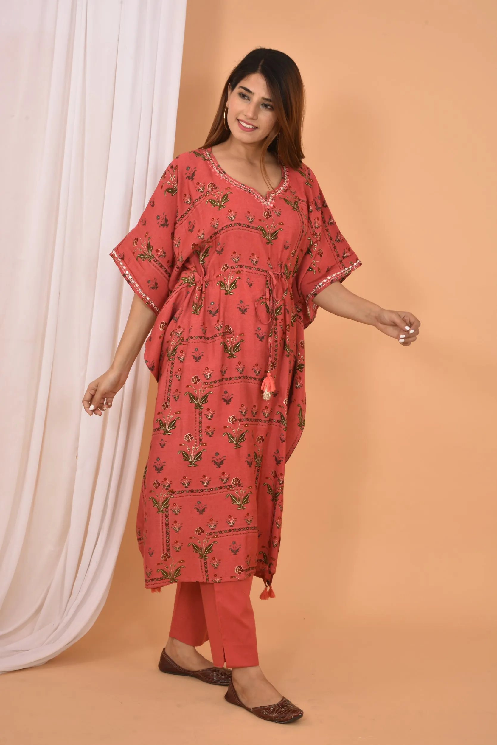 Modal Silk Red Mirror Work & Printed Kaftan Pant Set