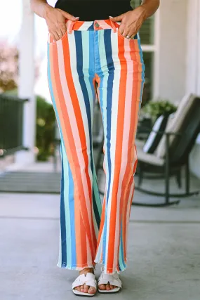 Multicolor Striped Raw Hem Flared Bottom Denim Pants