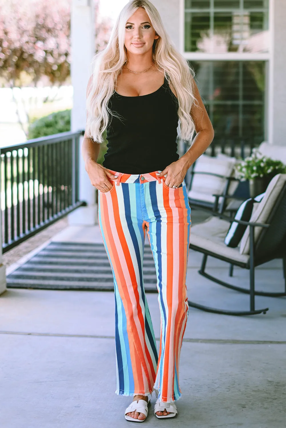 Multicolor Striped Raw Hem Flared Bottom Denim Pants