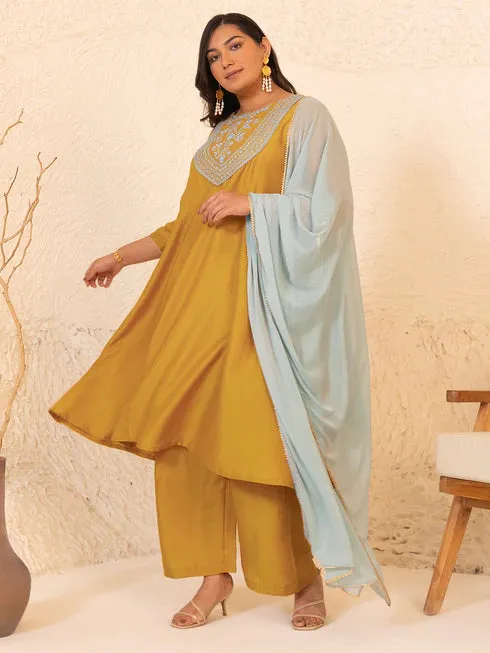 Mustard & Grey Chinnon Yoke Embroidered Suit Set with Chiffon Dupatta