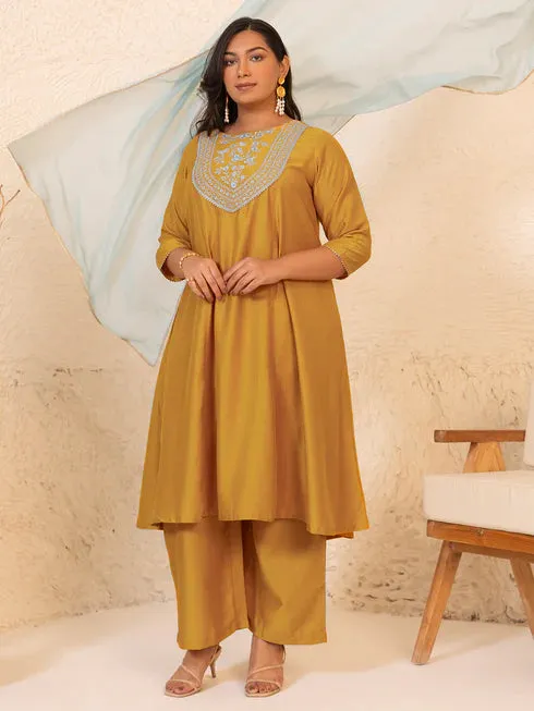 Mustard & Grey Chinnon Yoke Embroidered Suit Set with Chiffon Dupatta