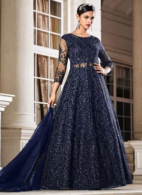 Navy Blue Sequence Embroidered Designer Anarkali Lehenga/Pant Suit