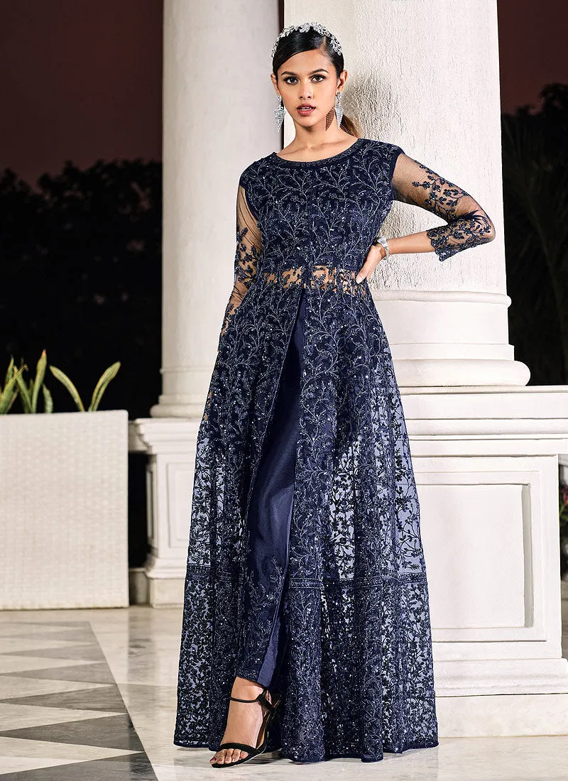 Navy Blue Sequence Embroidered Designer Anarkali Lehenga/Pant Suit