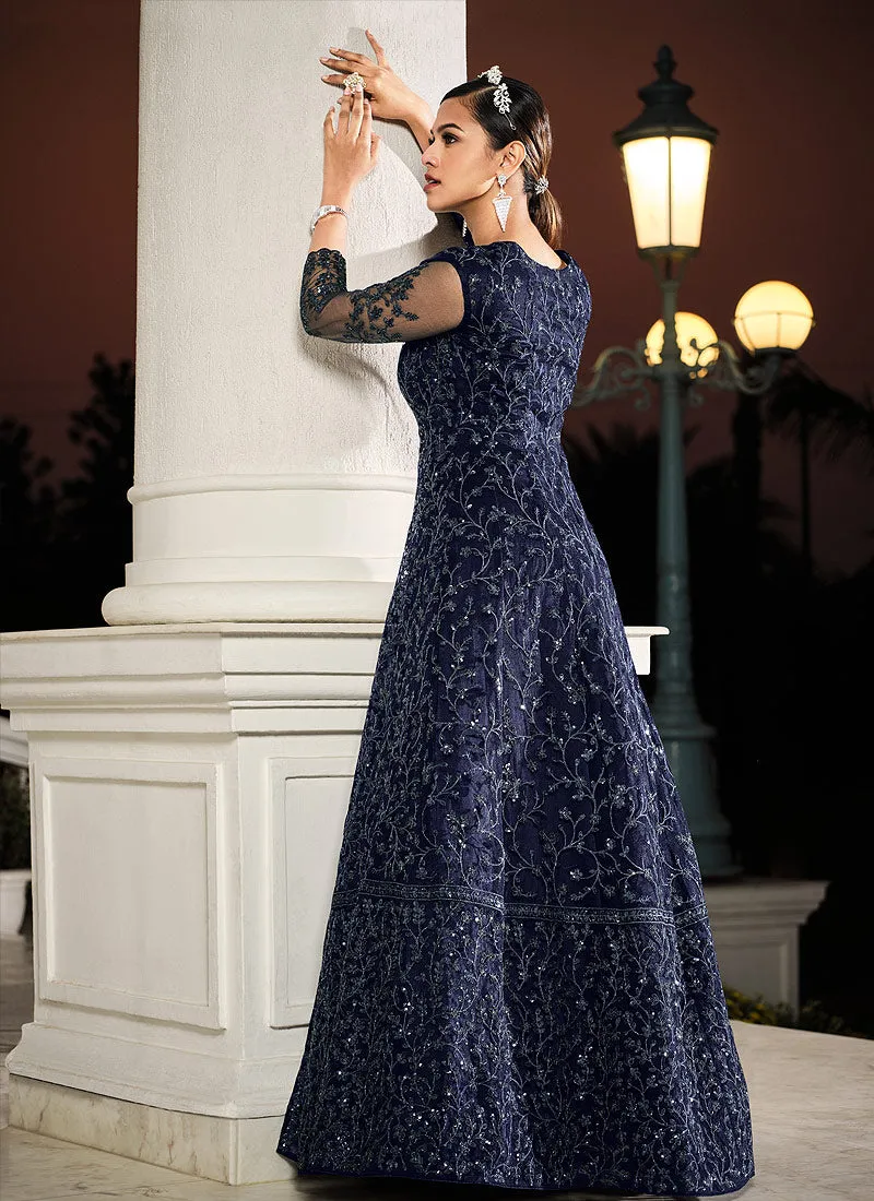 Navy Blue Sequence Embroidered Designer Anarkali Lehenga/Pant Suit