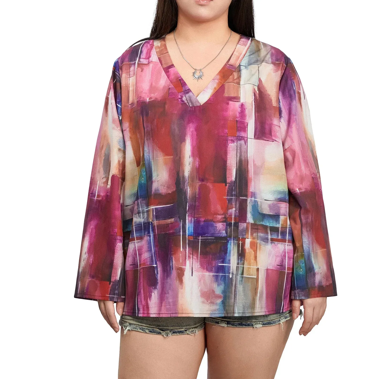 Neck Fashion Long Sleeve Graphic Print Loose Random Printed Tops V Blouse