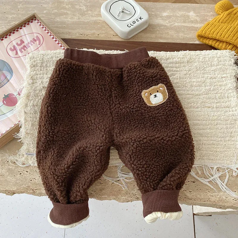 New Baby Boys Fleece Thicken Sweatpants Girls Winter Clothes Children Cartoon Bear Trousers Kids Clothes Toddler Lambswool Pants