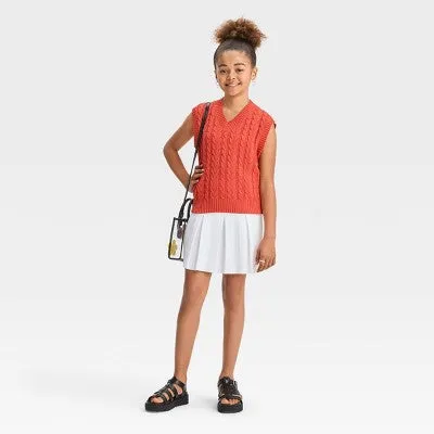 New - Girls' Cable Knit Sweater Vest - art class Coral Orange XS