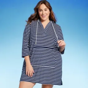 New - Lands' End Women's Striped V-Neck Terry Hooded Swimsuit Cover Up - Navy Blue/White 1X