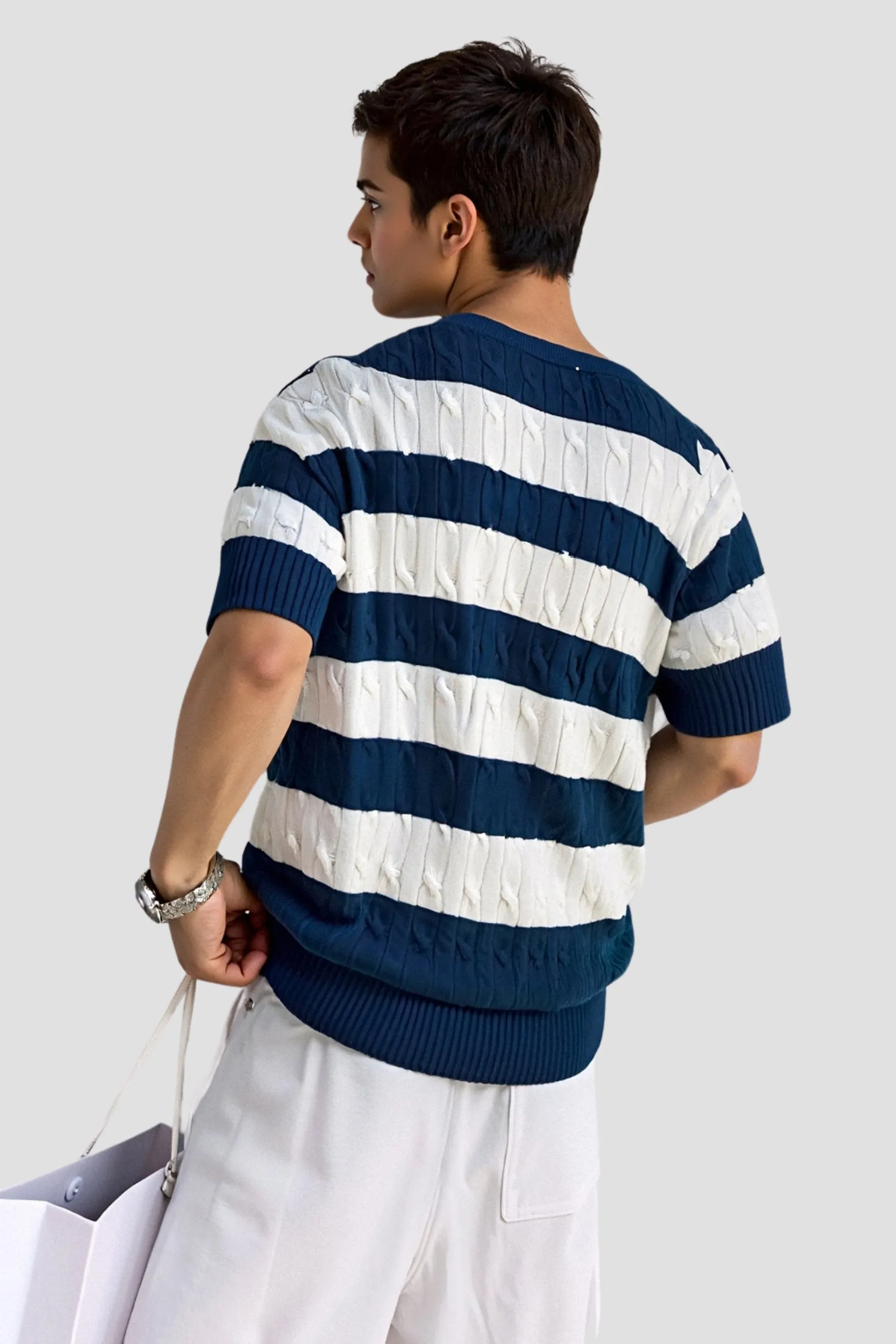 Old Money Classic Summer Crew Neck Cable Knit Striped T-Shirt