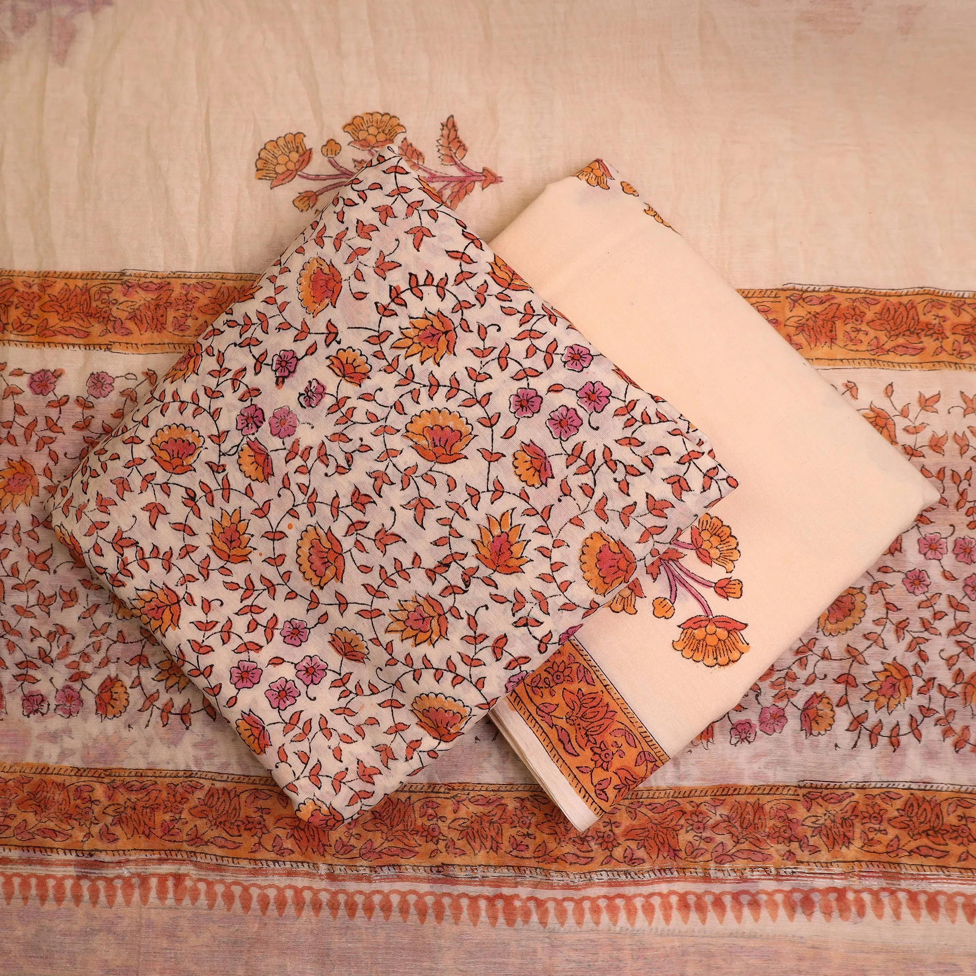 Orange - 3pc Sanganeri Block Printed Cotton Suit Material with Chanderi Silk Dupatta 22