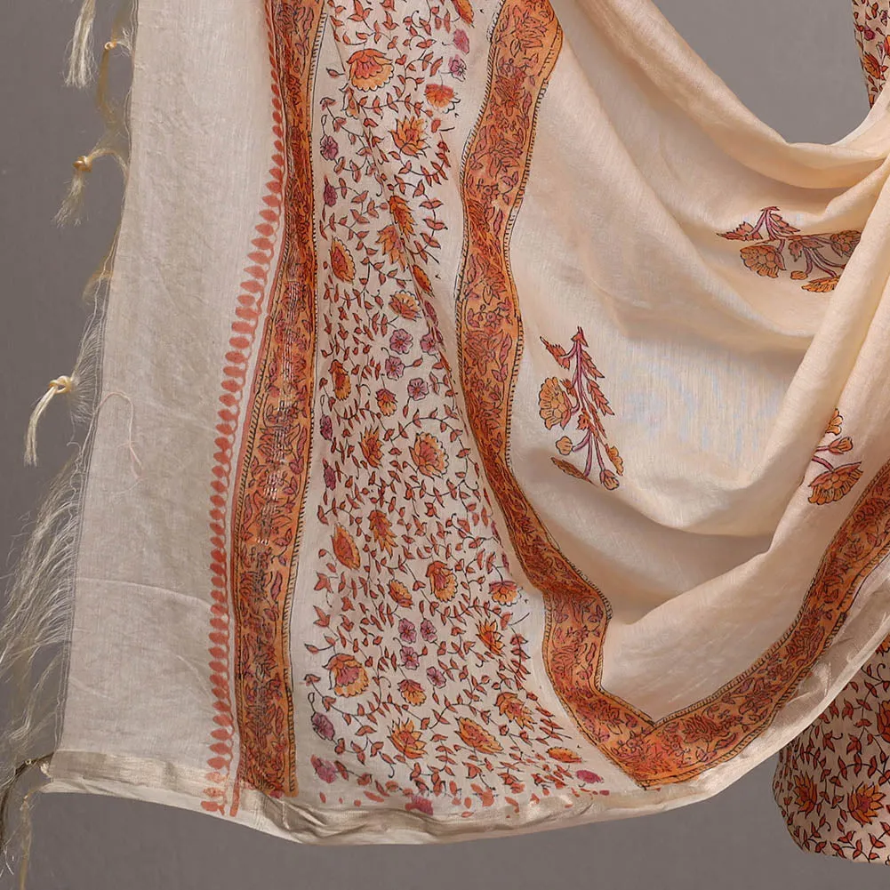 Orange - 3pc Sanganeri Block Printed Cotton Suit Material with Chanderi Silk Dupatta 22