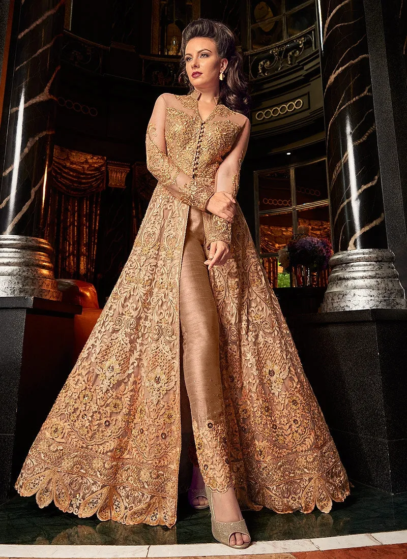 Pastel Orange With Golden Embroidered Lehenga/Pant Suit