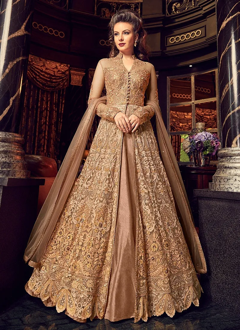 Pastel Orange With Golden Embroidered Lehenga/Pant Suit