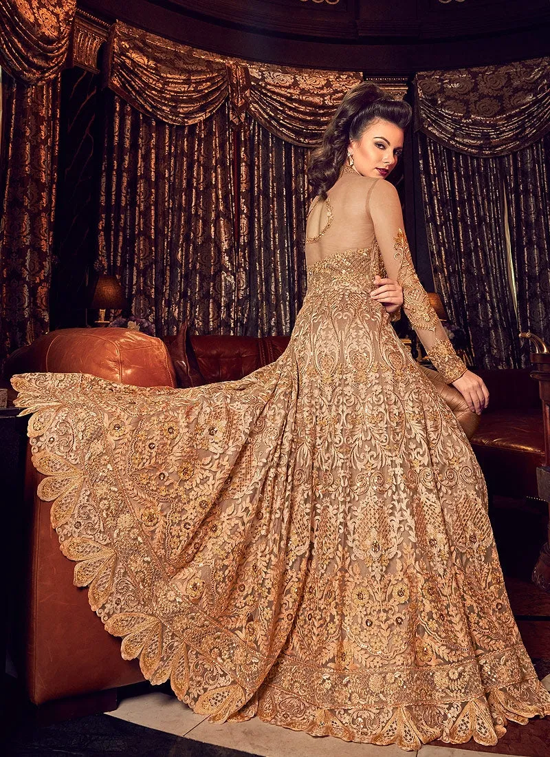 Pastel Orange With Golden Embroidered Lehenga/Pant Suit