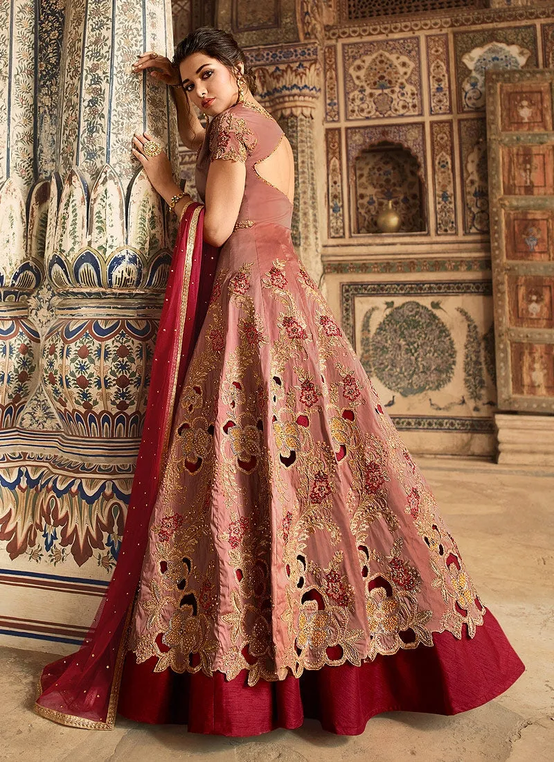 Peach And Red Embellished Lehenga/Pant Suit