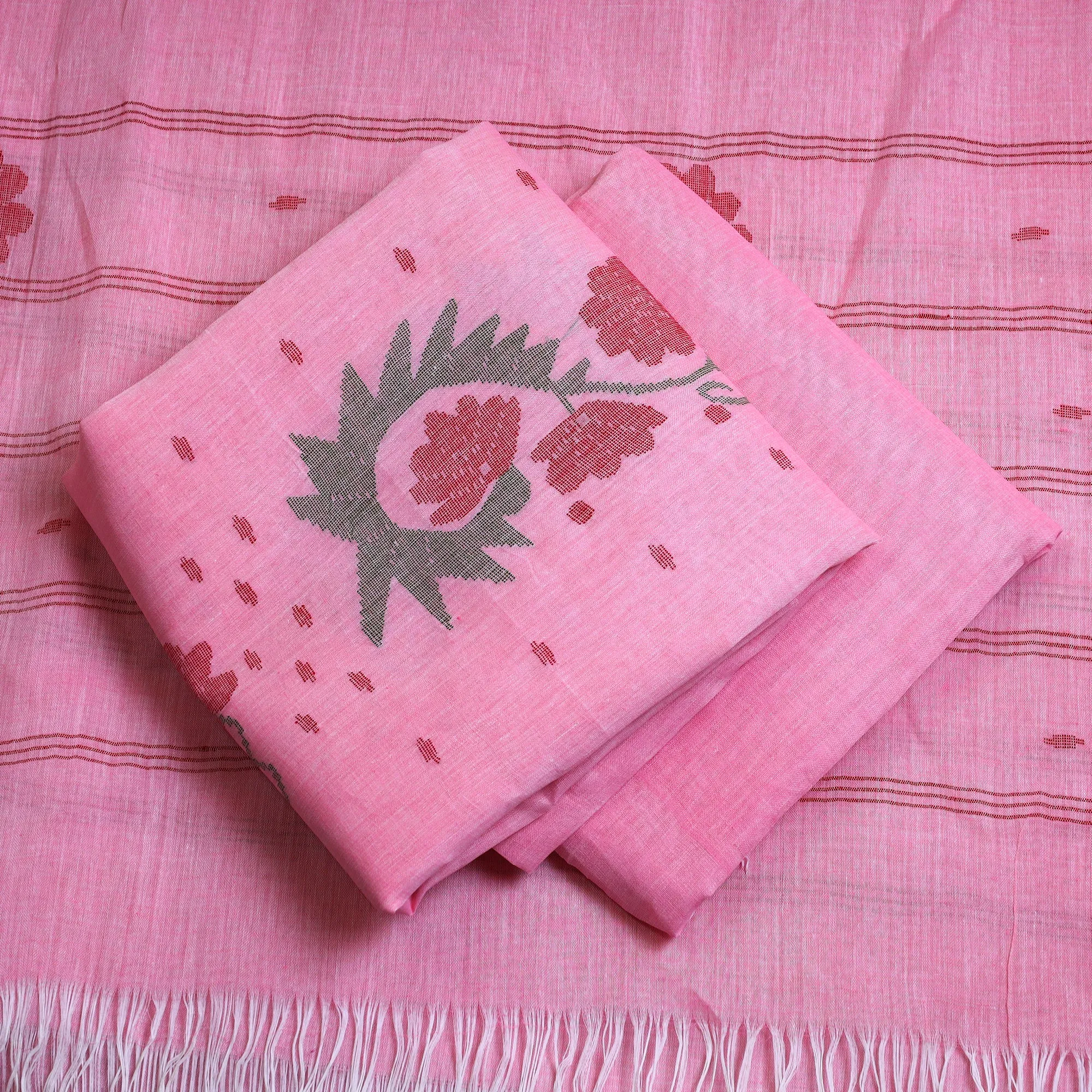 Pink - 3pc Handloom Cotton Manipuri Dress Material 04