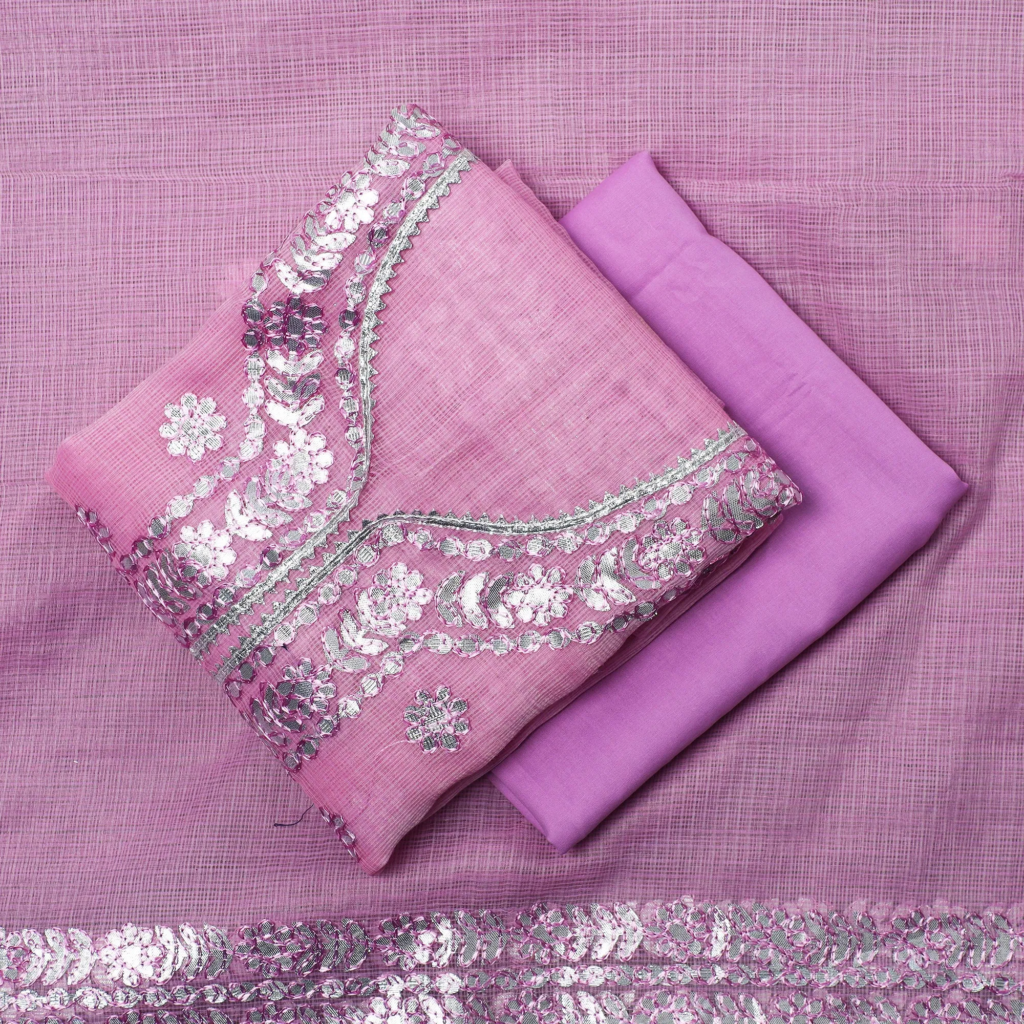 Pink - 3pc Kota Doria Cotton Gota Patti Work Suit Material Set 03