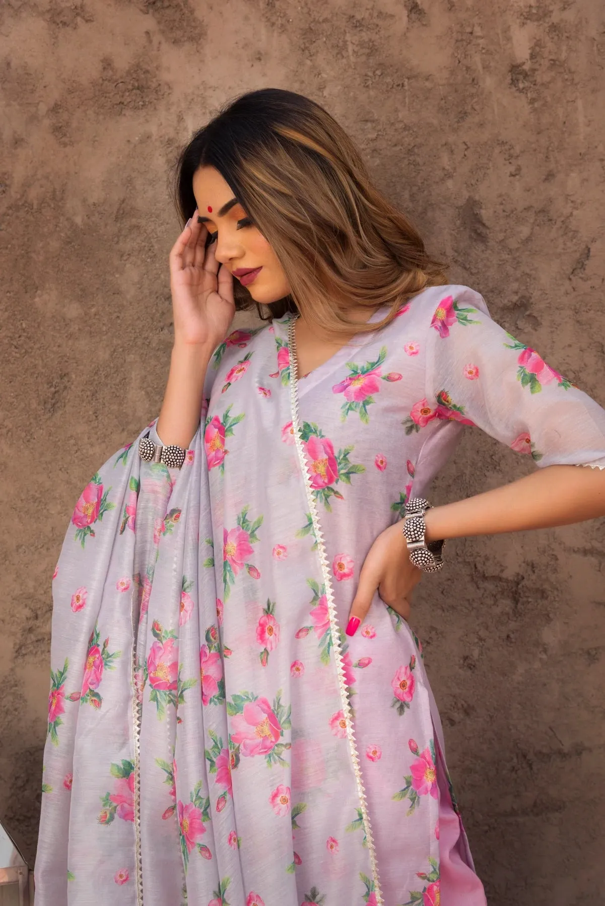 Pink Modal Cotton Floral Print Kurta Palazzo Set with Dupatta