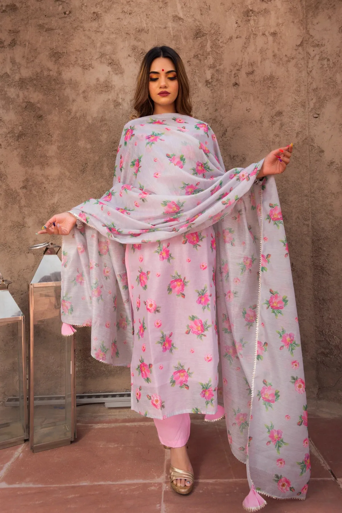 Pink Modal Cotton Floral Print Kurta Palazzo Set with Dupatta