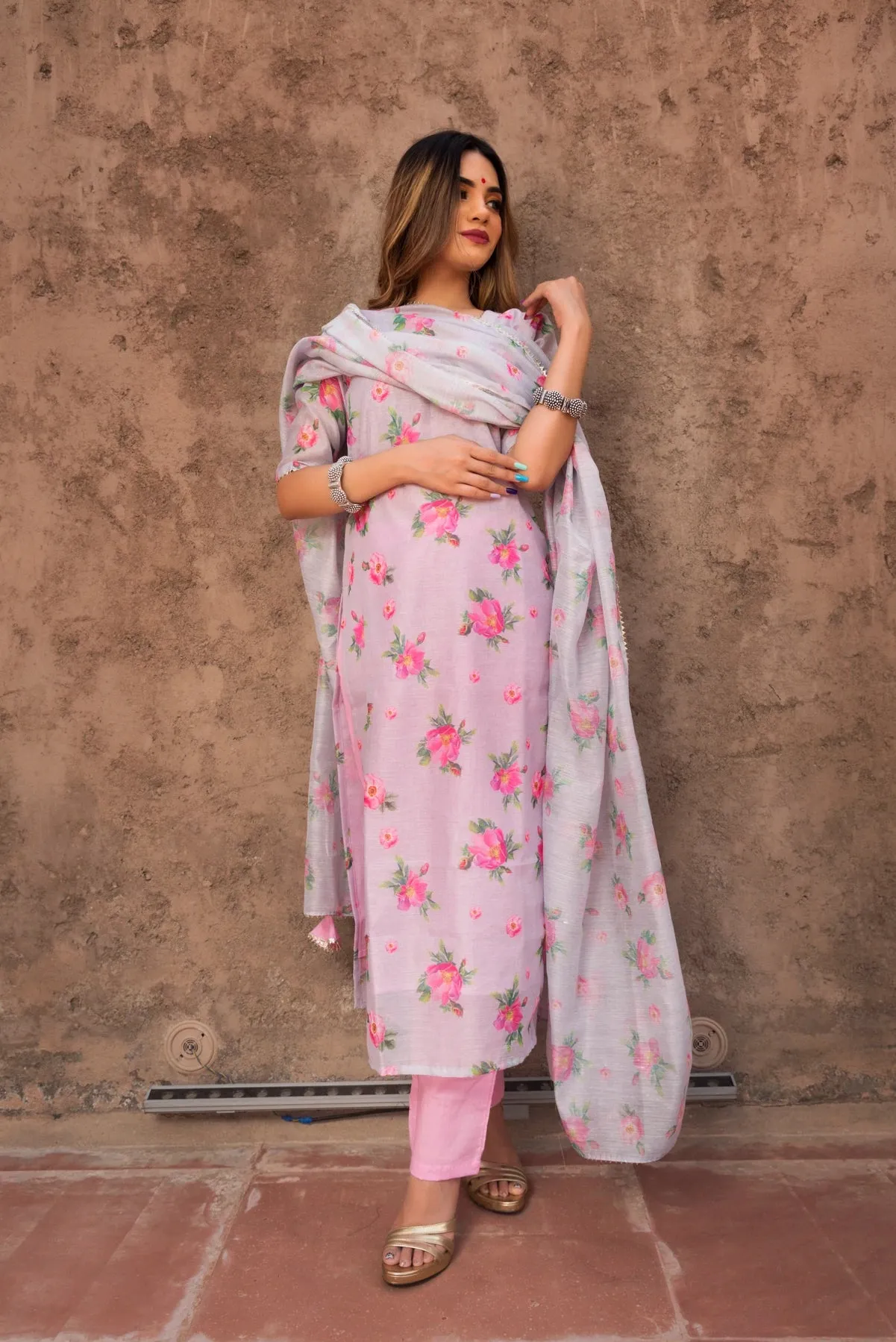 Pink Modal Cotton Floral Print Kurta Palazzo Set with Dupatta