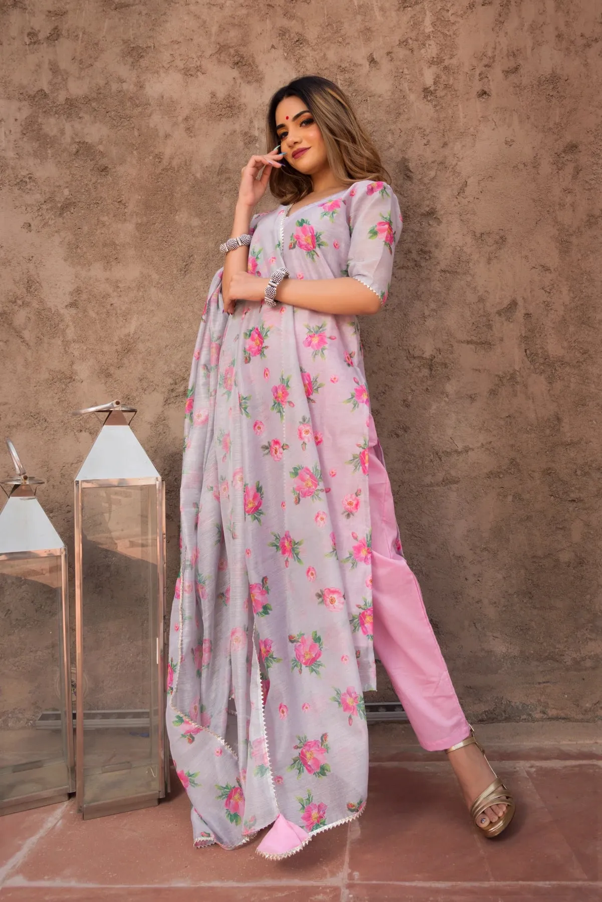 Pink Modal Cotton Floral Print Kurta Palazzo Set with Dupatta