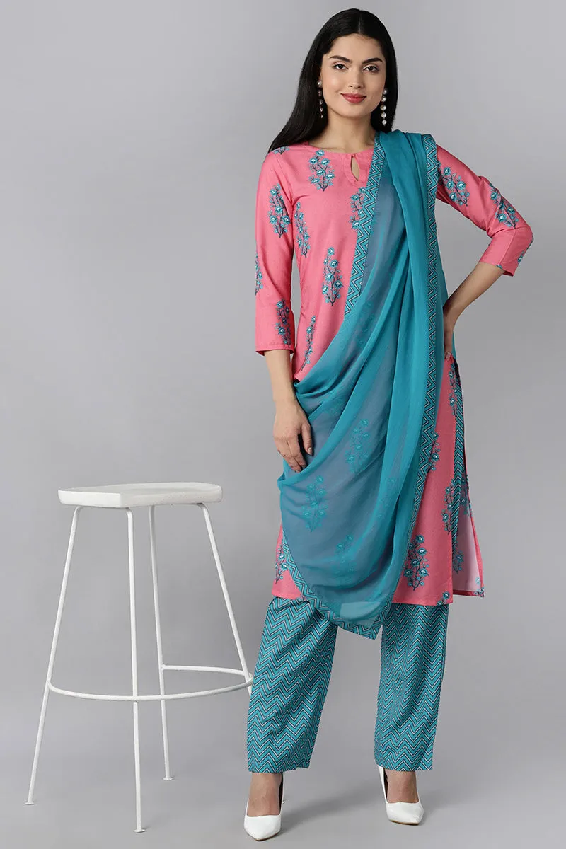 Pink Polyester Ethnic Motifs Straight Suit Set