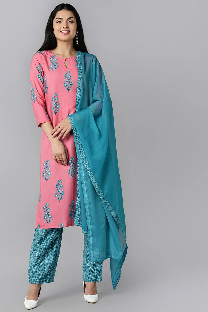 Pink Polyester Ethnic Motifs Straight Suit Set