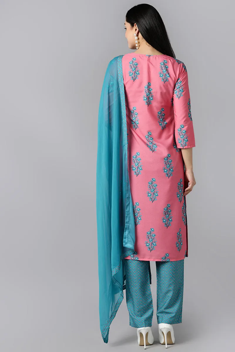 Pink Polyester Ethnic Motifs Straight Suit Set