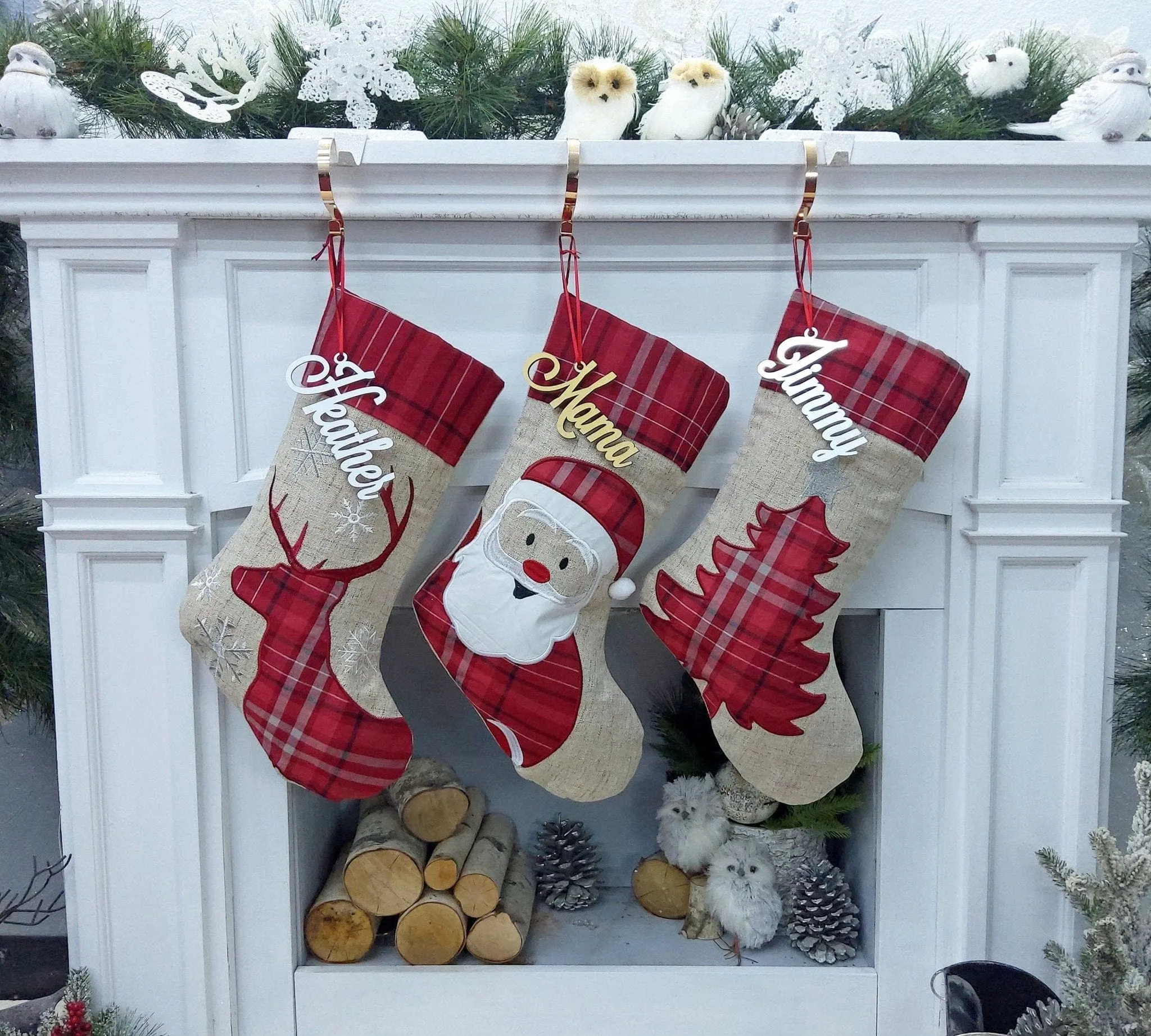 Plaid Deer Santa Tree Personalized Christmas Stockings Christmas Linen Country Kids & Family Xmas