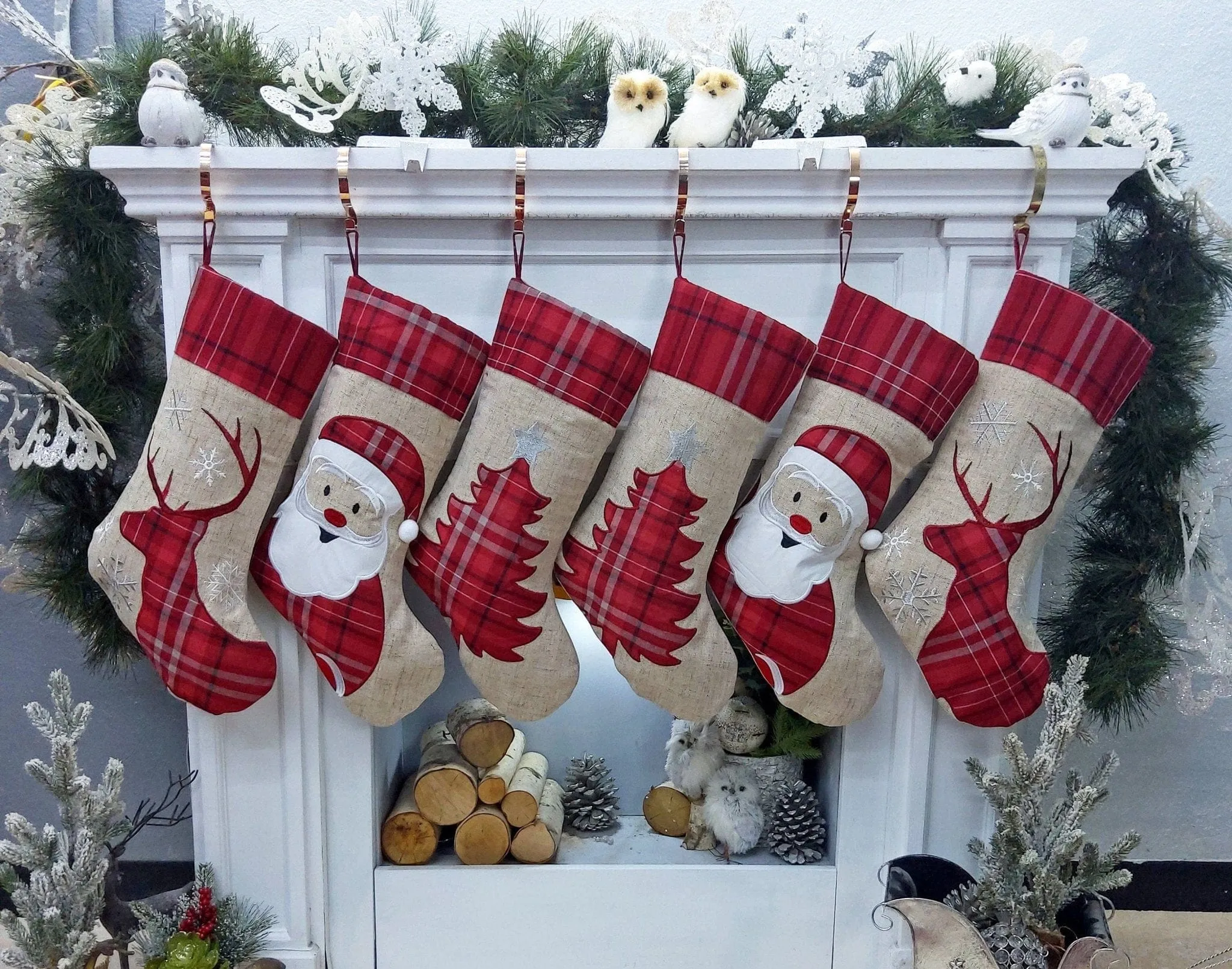 Plaid Deer Santa Tree Personalized Christmas Stockings Christmas Linen Country Kids & Family Xmas