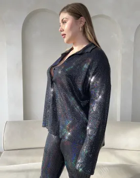 Plus Size Button Up Disco Sequin Shirt