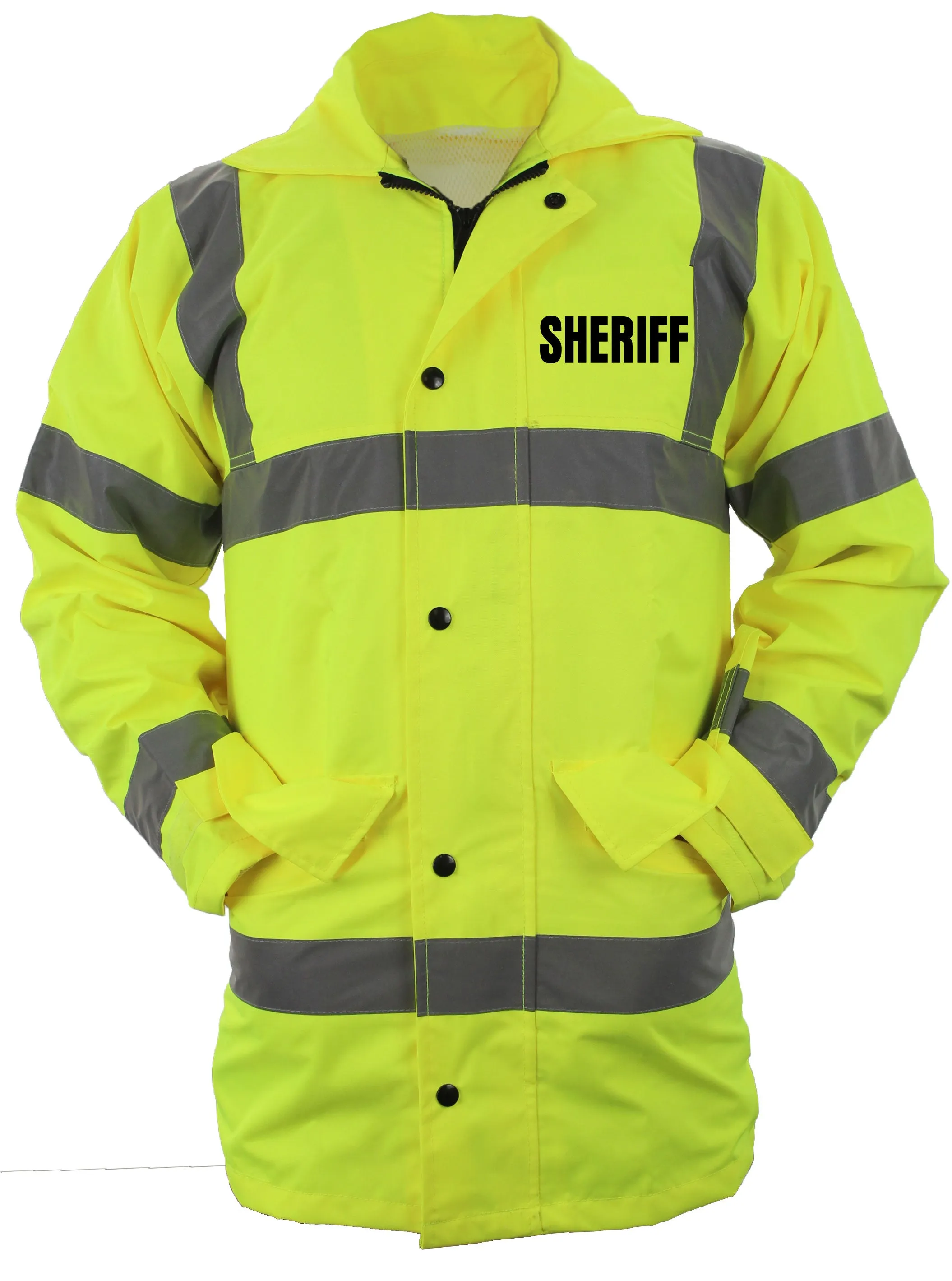 Police/ Sheriff High Visibility Raincoat With Reflective Stripes (Lime Green)