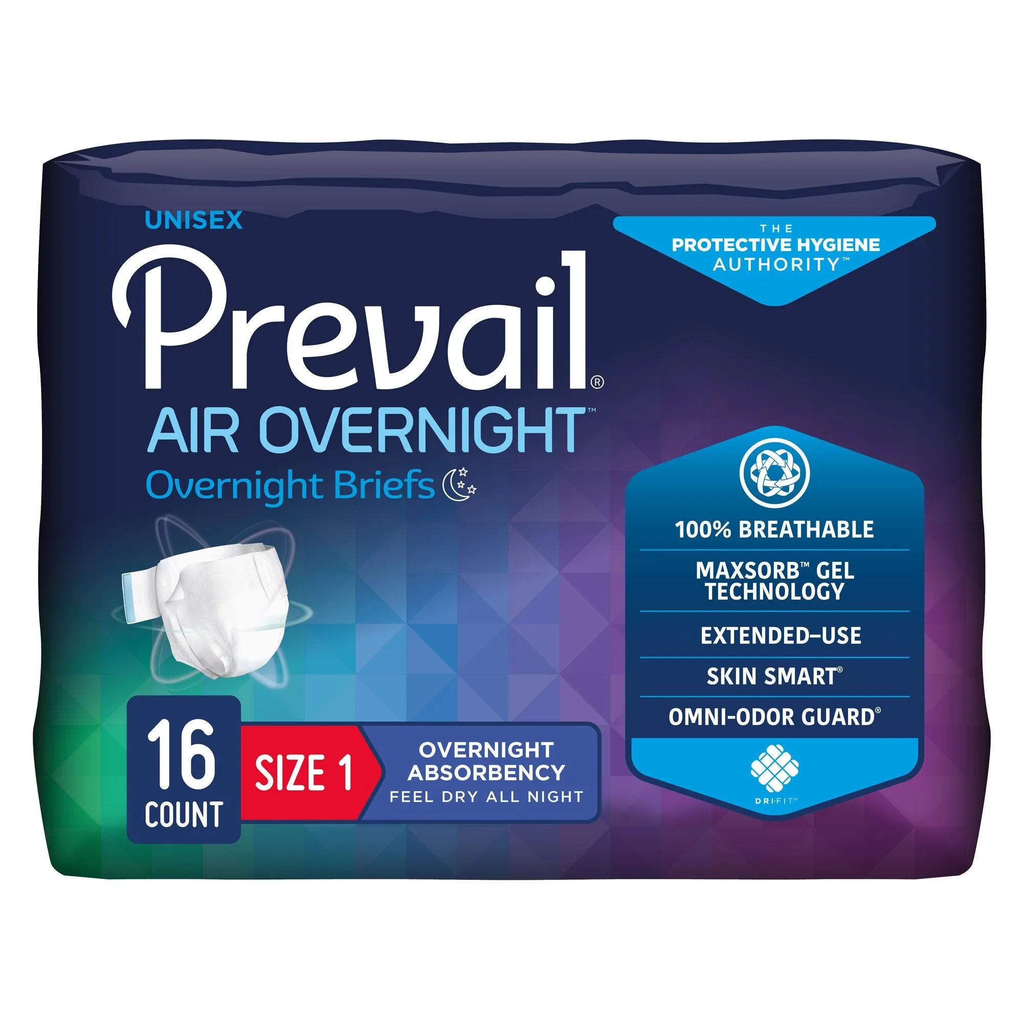 Prevail AIR Overnight Briefs, Heavy Absorbency, Unisex Adult, Disposable, Yellow, Size 1, 26 Inch- 48 Inch, Medium