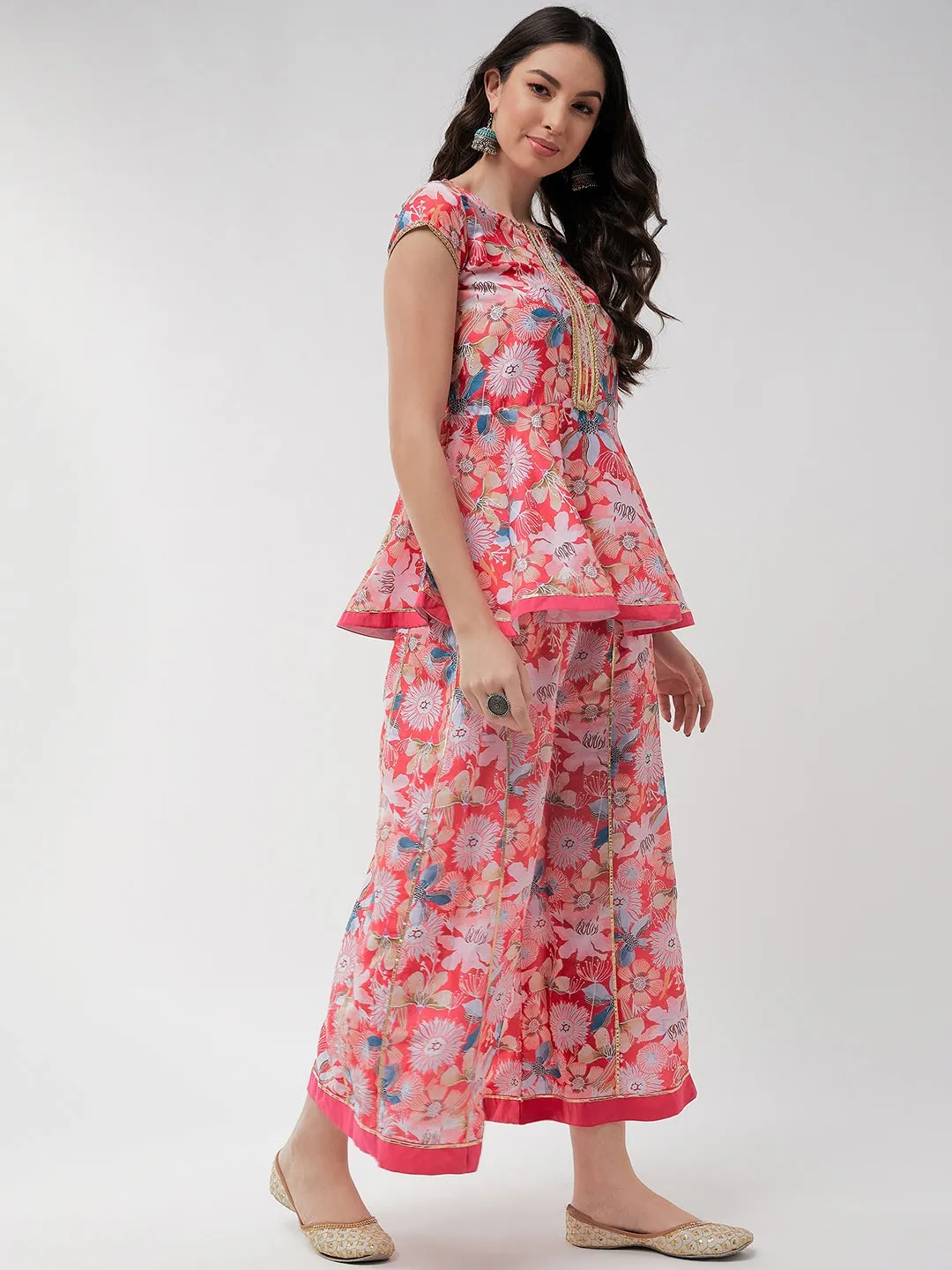 Printed Short Peplum Kurta With Lace Details And Panelled Flared Pant Set