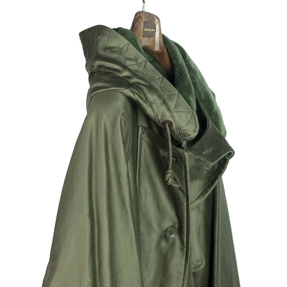 "Cold Weather Coat" oversized parka in field green cotton twill with corduroy trim