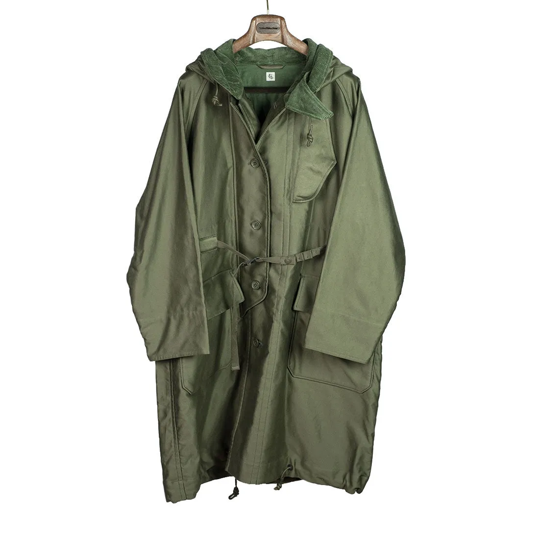 "Cold Weather Coat" oversized parka in field green cotton twill with corduroy trim