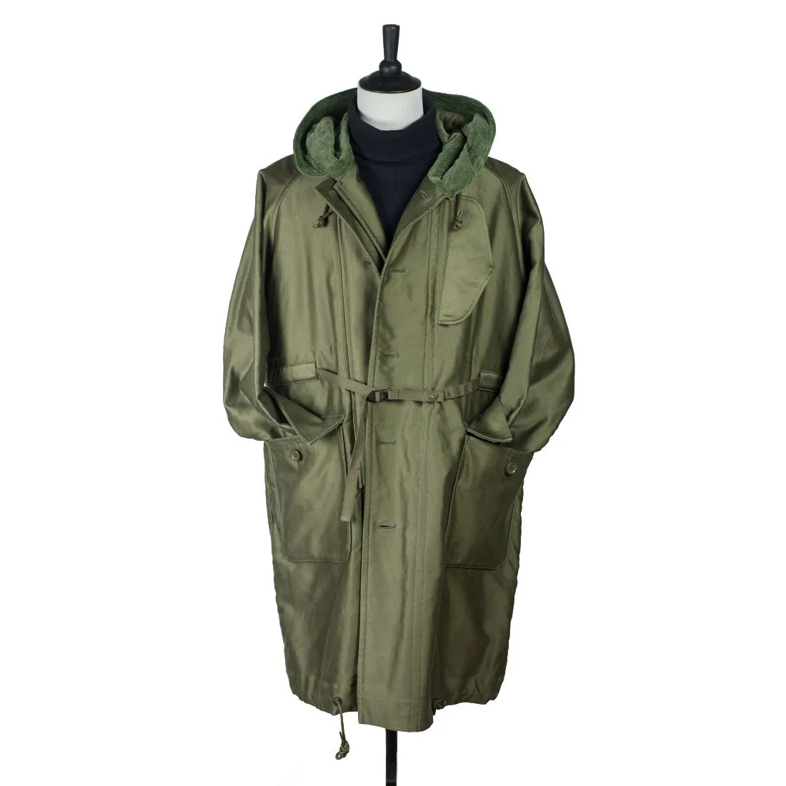 "Cold Weather Coat" oversized parka in field green cotton twill with corduroy trim