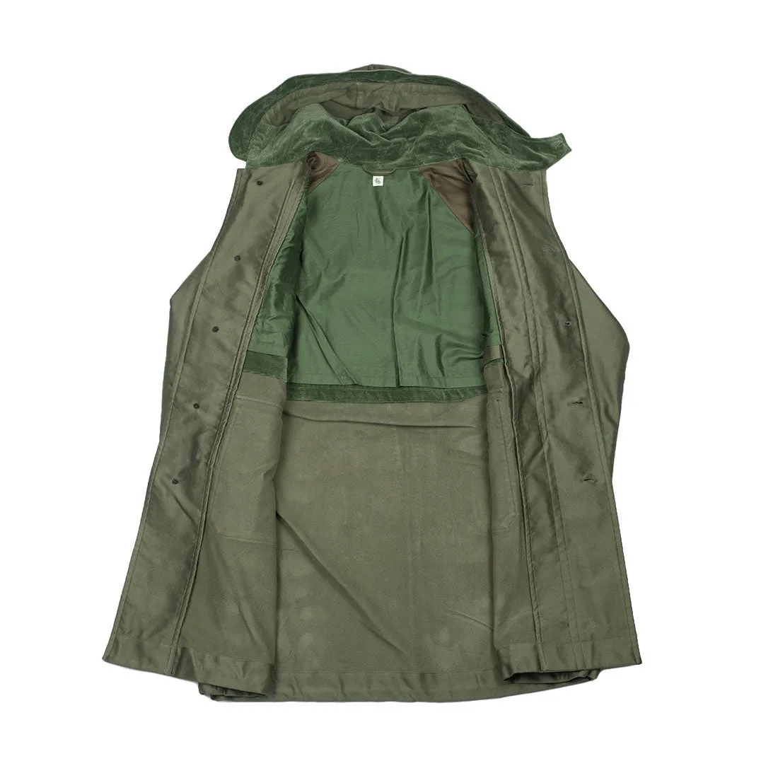 "Cold Weather Coat" oversized parka in field green cotton twill with corduroy trim