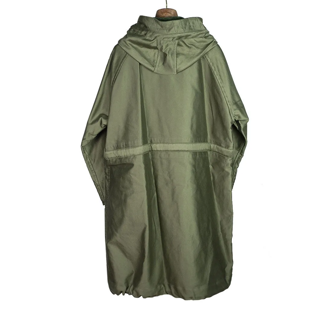 "Cold Weather Coat" oversized parka in field green cotton twill with corduroy trim