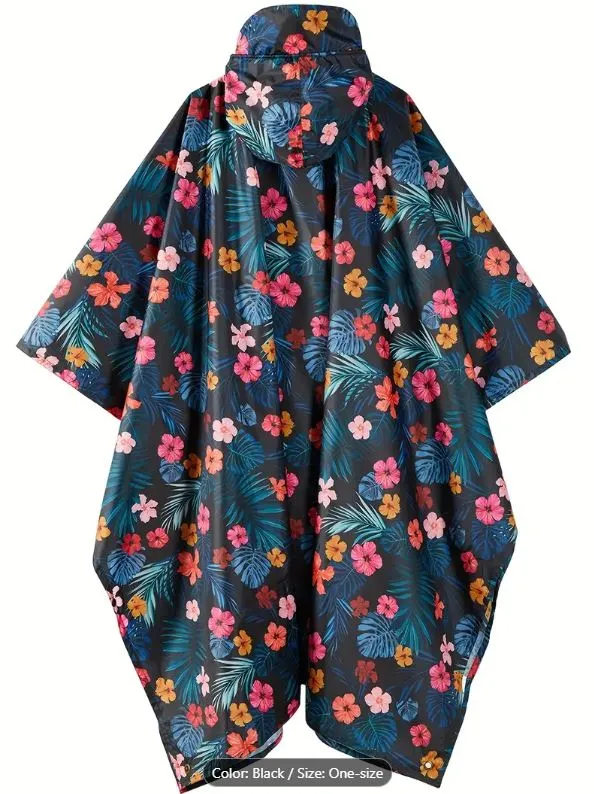 Raincoat Poncho Hooded Floral Pattern Windbreaker With Pocket