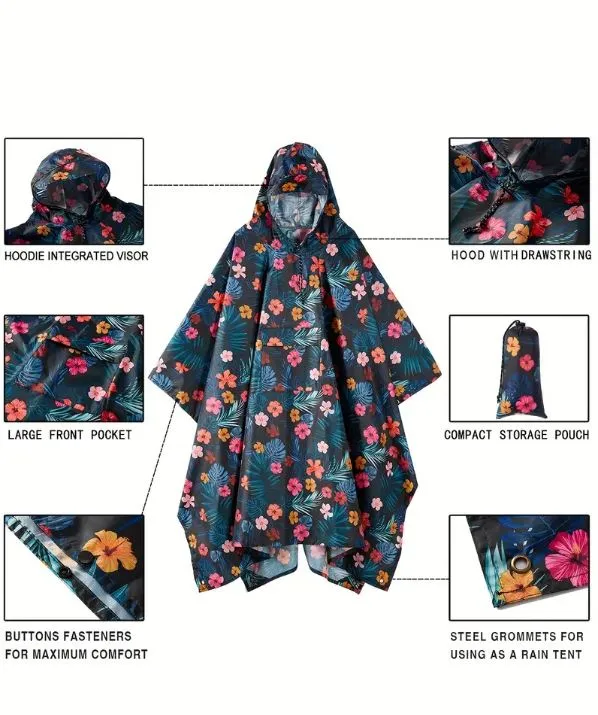 Raincoat Poncho Hooded Floral Pattern Windbreaker With Pocket